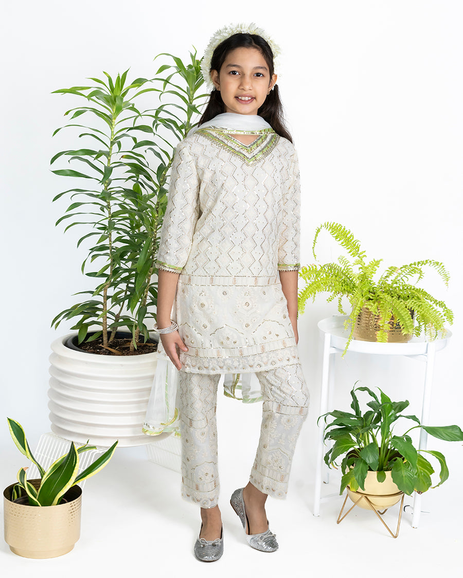 Chikkankari Kurta and Pant Set in Ivory
