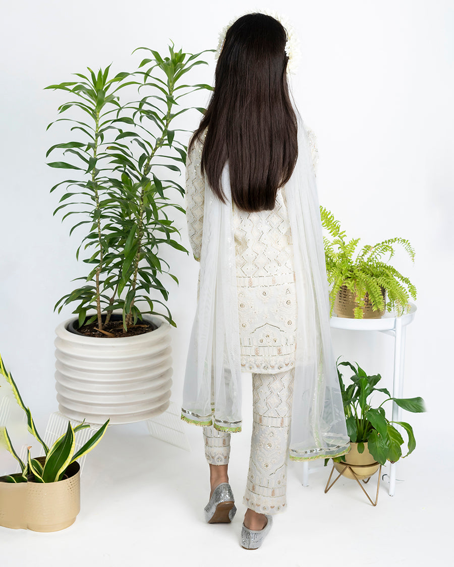Chikkankari Kurta and Pant Set in Ivory
