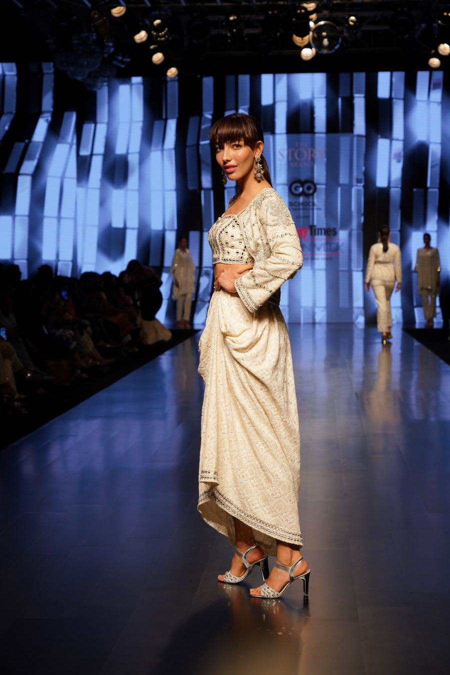 Ivory Gota and Mirror Embellished Box Jacket, Bustier Top with a Matching Draped Skirt