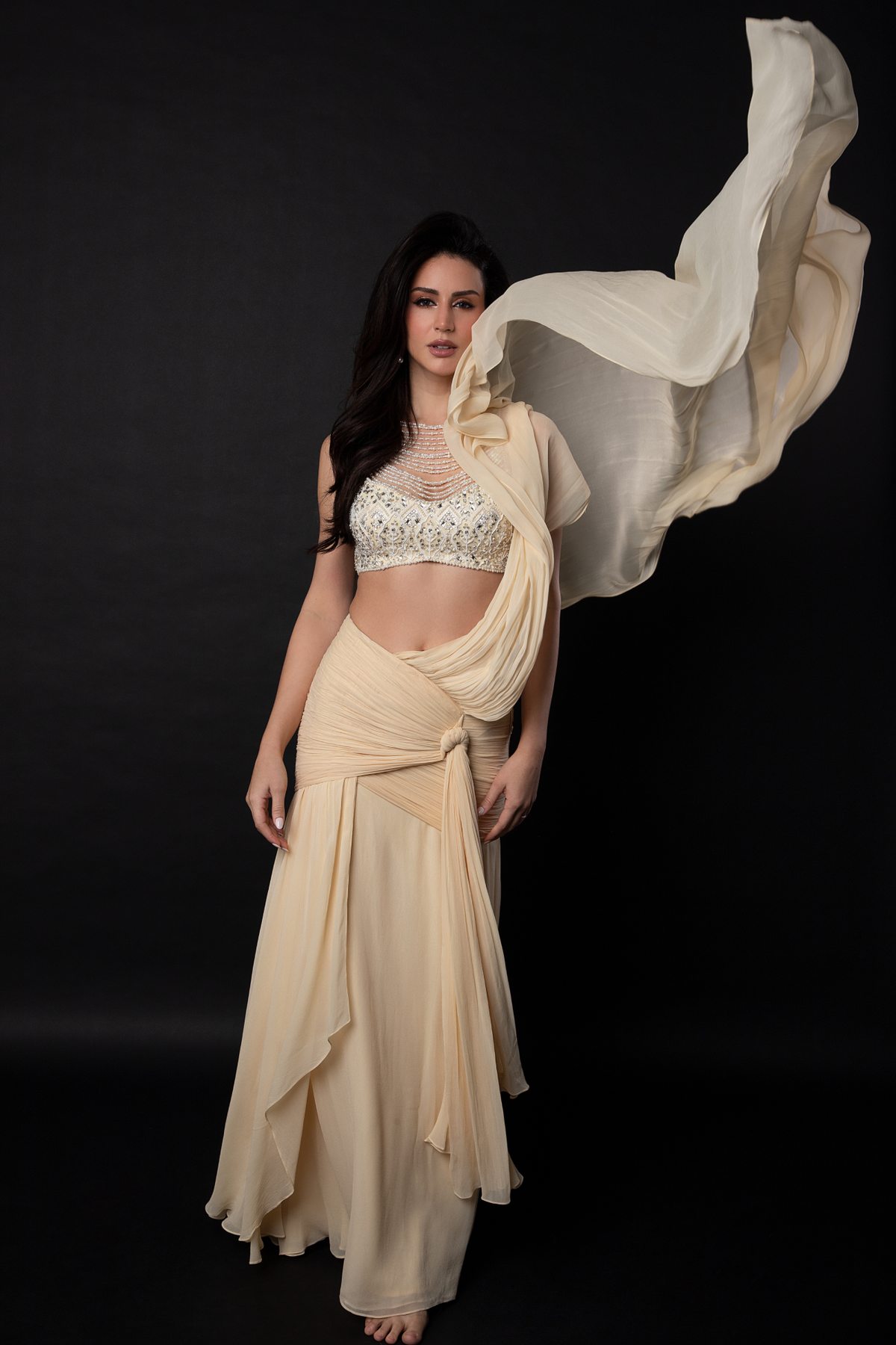 Perle Ruched Saree in Beige