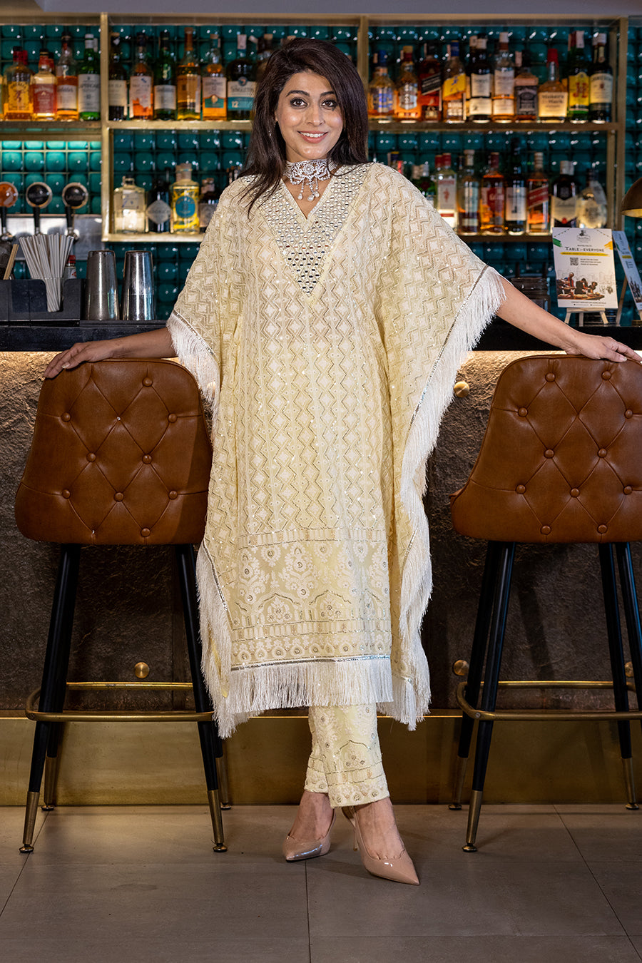 Lucknowi Kaftan Set in Lemon with Mirror neck