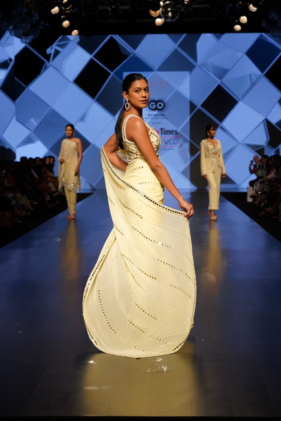 Lemon Pearl and Mirror Bustier Top and Saree with Mirrors