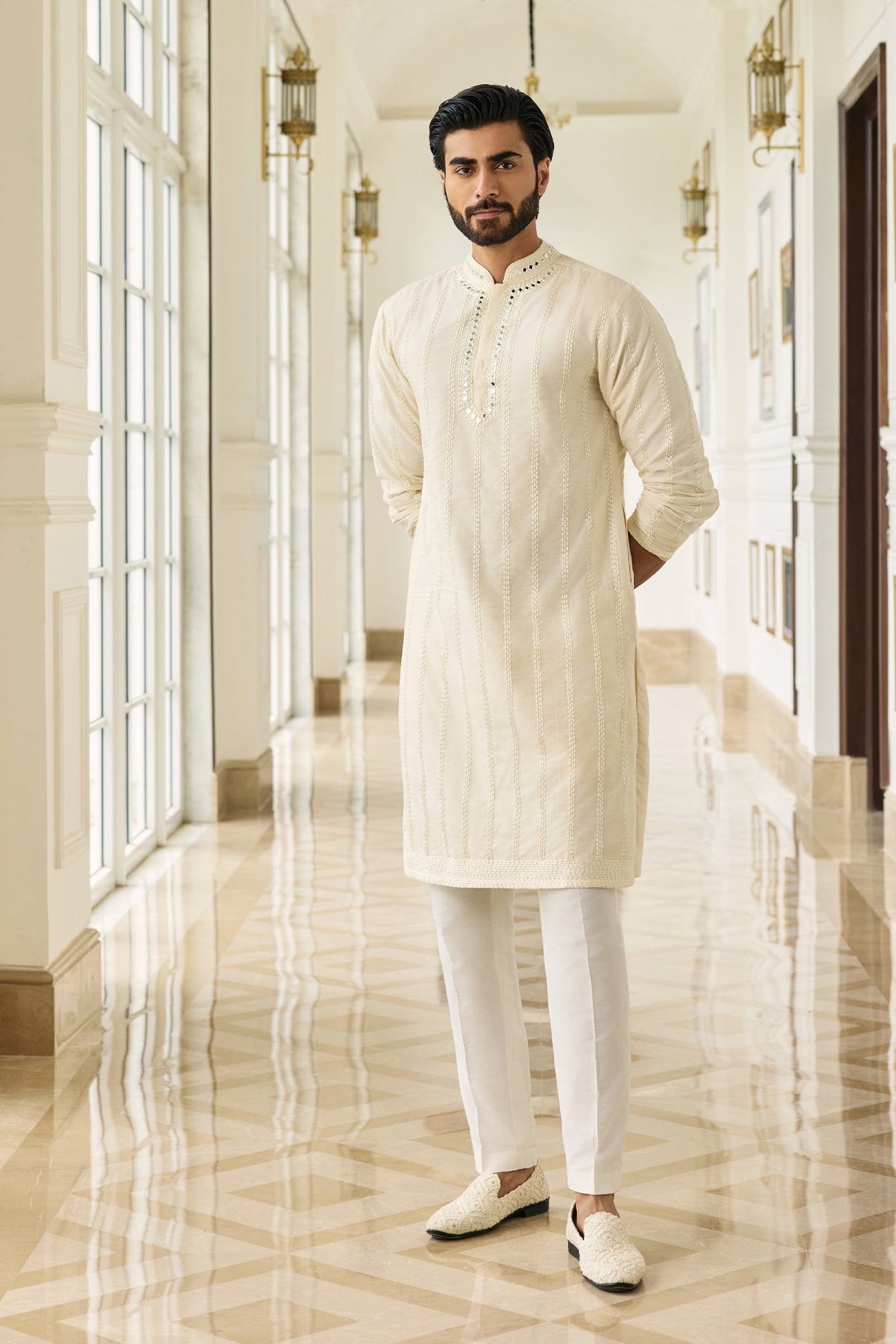 Luca Kurta in Ivory Mirror and Thread-Work