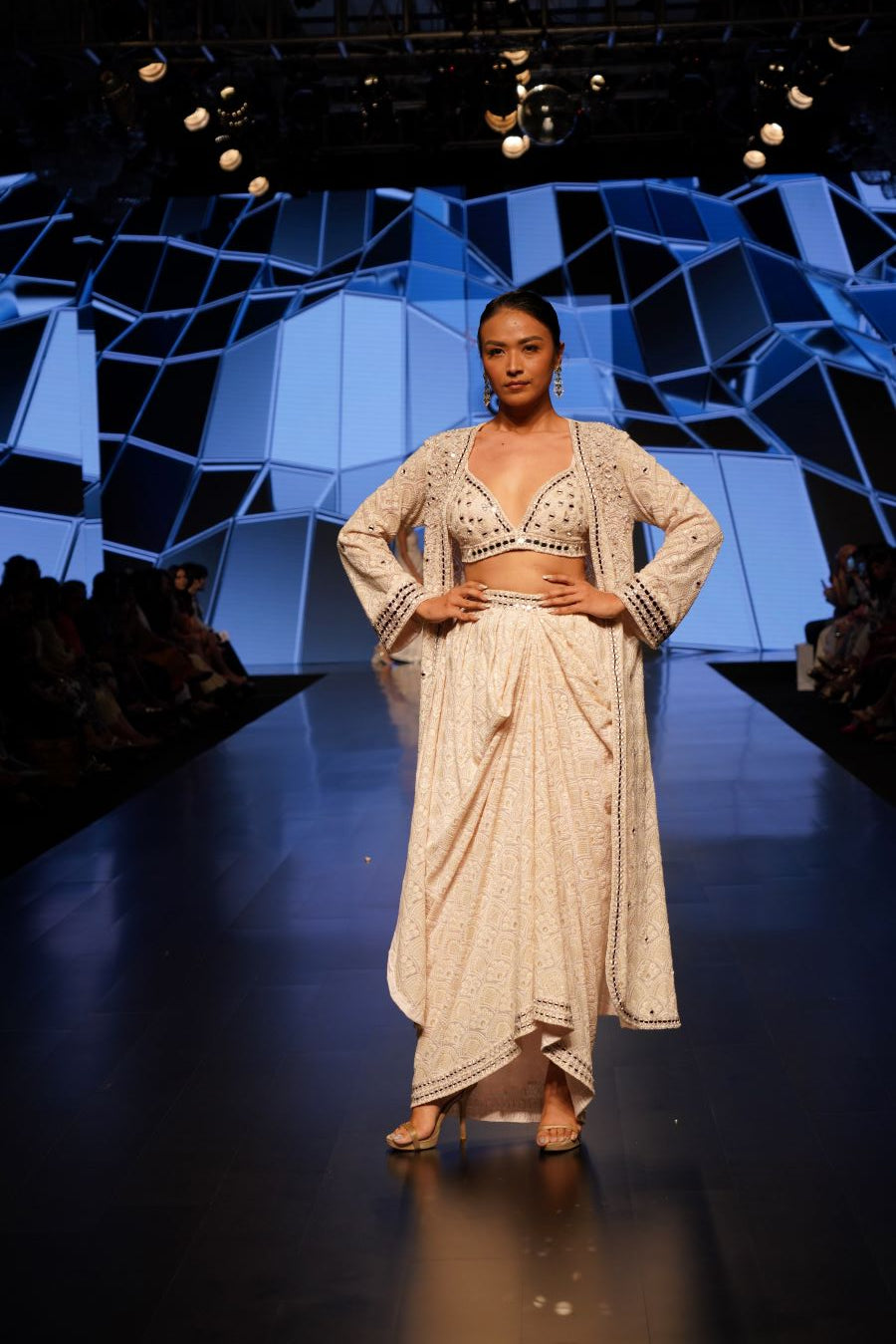 Blush Mirror Embellished Long Cape, Bralette Top and a Draped skirt