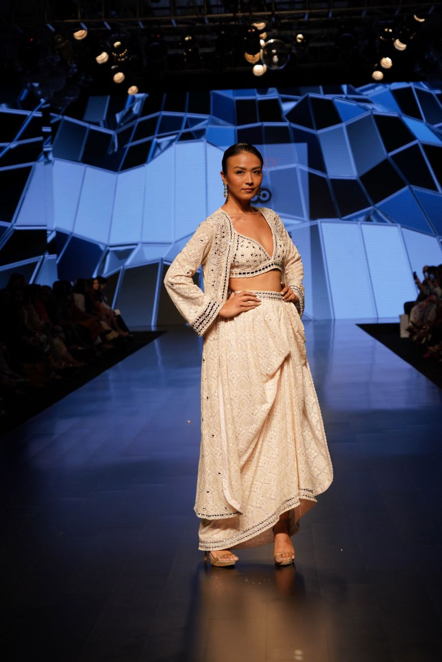 Blush Mirror Embellished Long Cape, Bralette Top and a Draped skirt