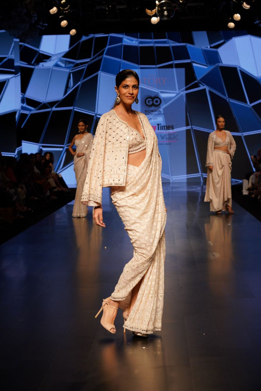 Blush Mirror Embellished Box Jacket , Bralette Top and a Saree with no pallav