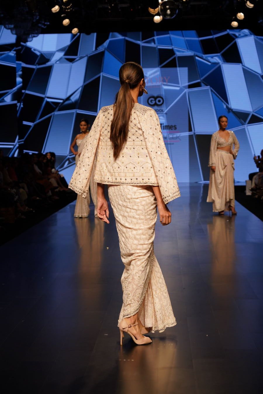 Blush Mirror Embellished Box Jacket , Bralette Top and a Saree with no pallav