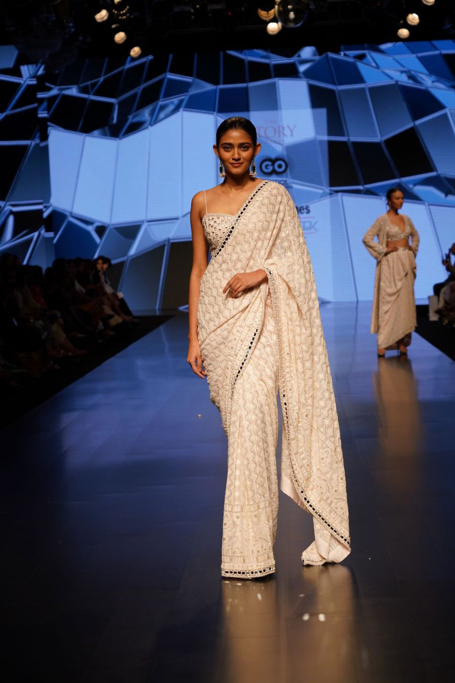 Blush Pearl and Mirror Embellished Saree with a Bustier Top