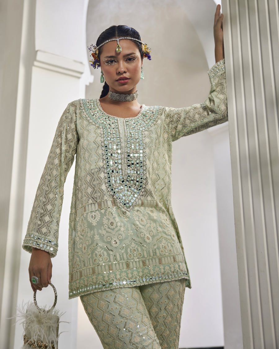 Kiara Slim Tunic with Long Mirror Yoke and Narrow Mirror Pants in Sky