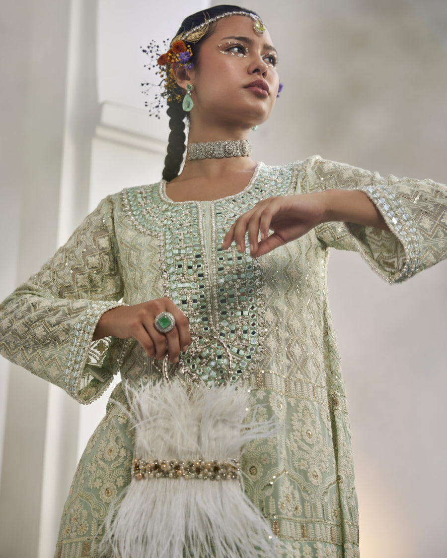 Kiara Slim Tunic with Long Mirror Yoke and Narrow Mirror Pants in Sky