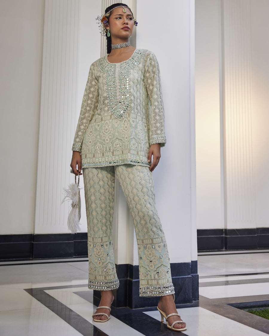Kiara Slim Tunic with Long Mirror Yoke and Narrow Mirror Pants in Sky