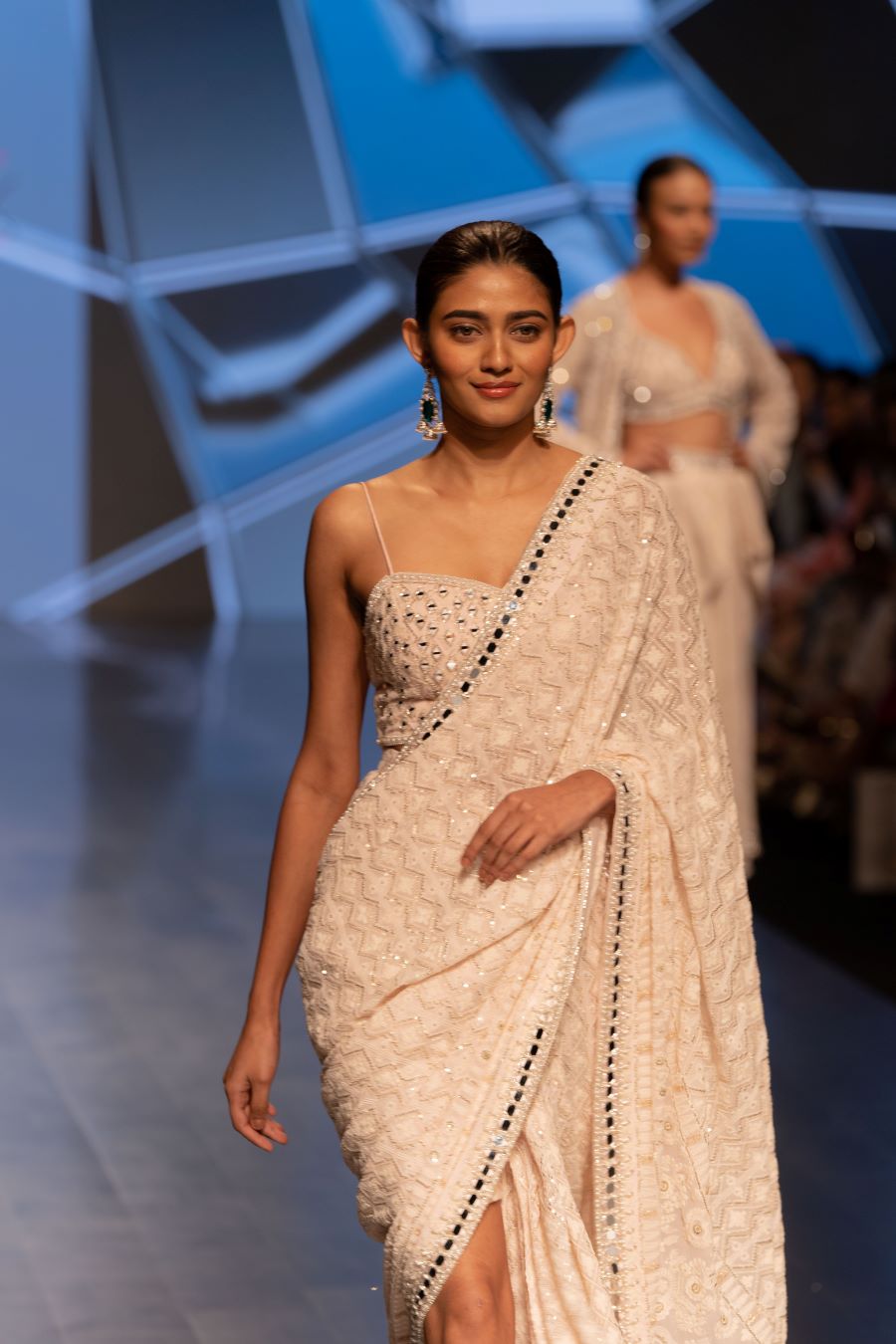 Blush Pearl and Mirror Embellished Saree with a Bustier Top