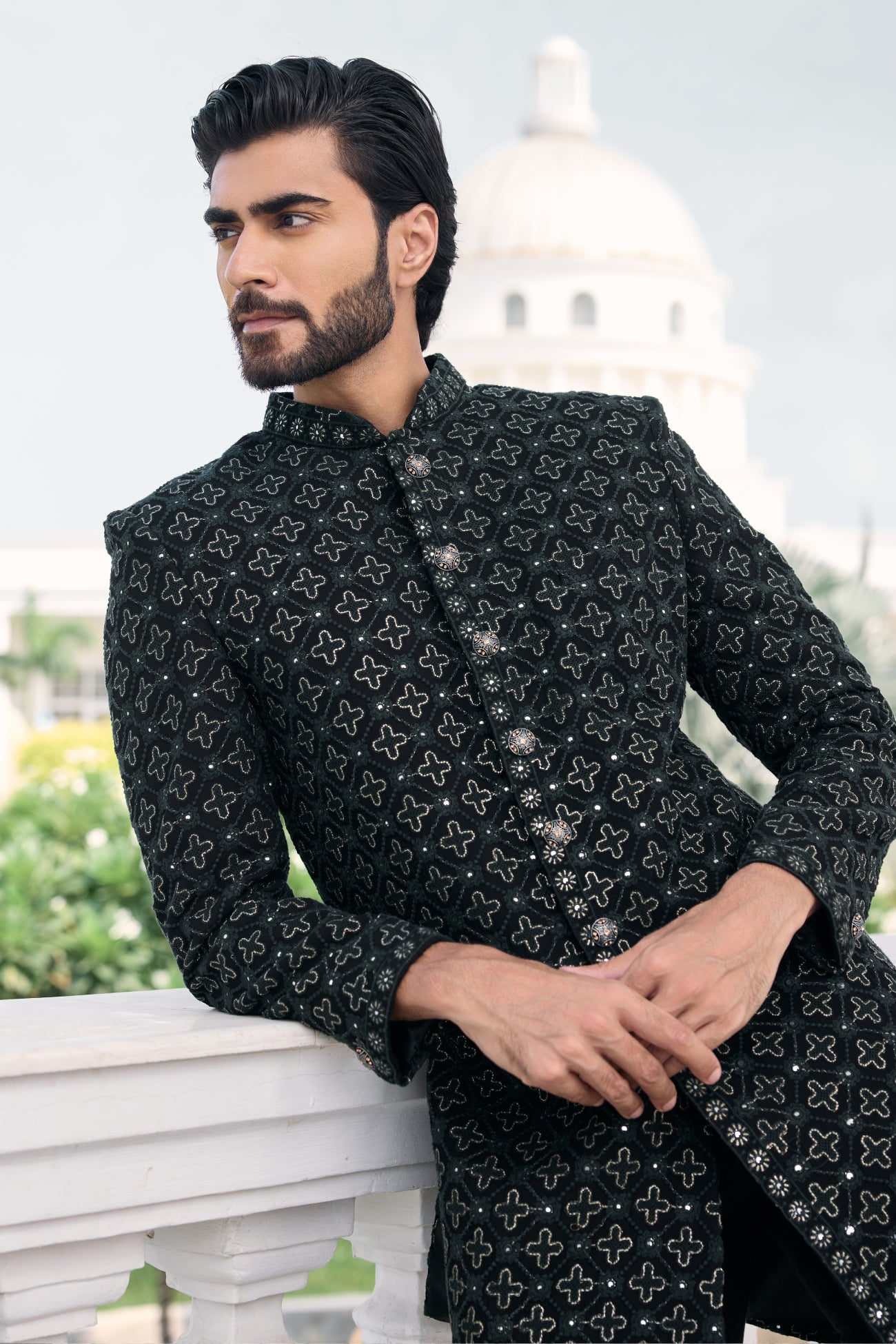 Jal Sherwani Set in Black Lucknowi