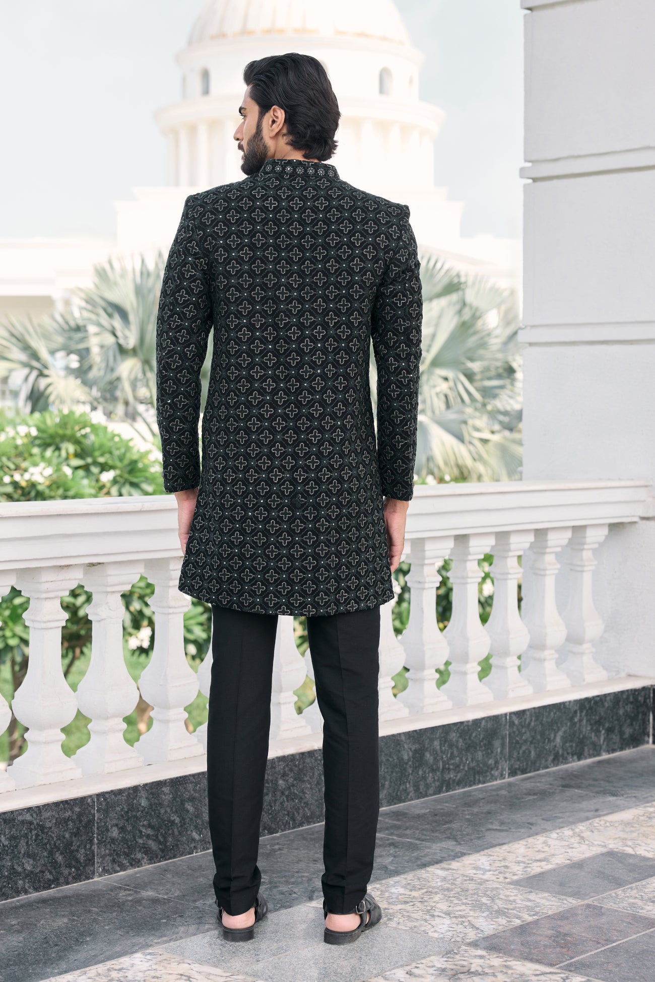 Jal Sherwani Set in Black Lucknowi