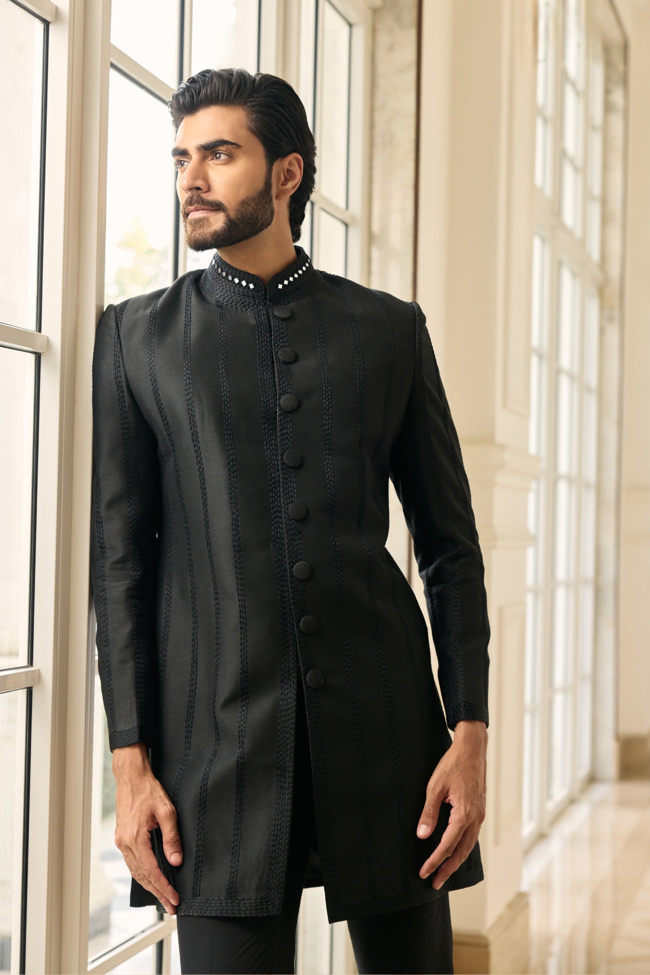 Jal Sherwani Set in Black Mirror & Thread-Work
