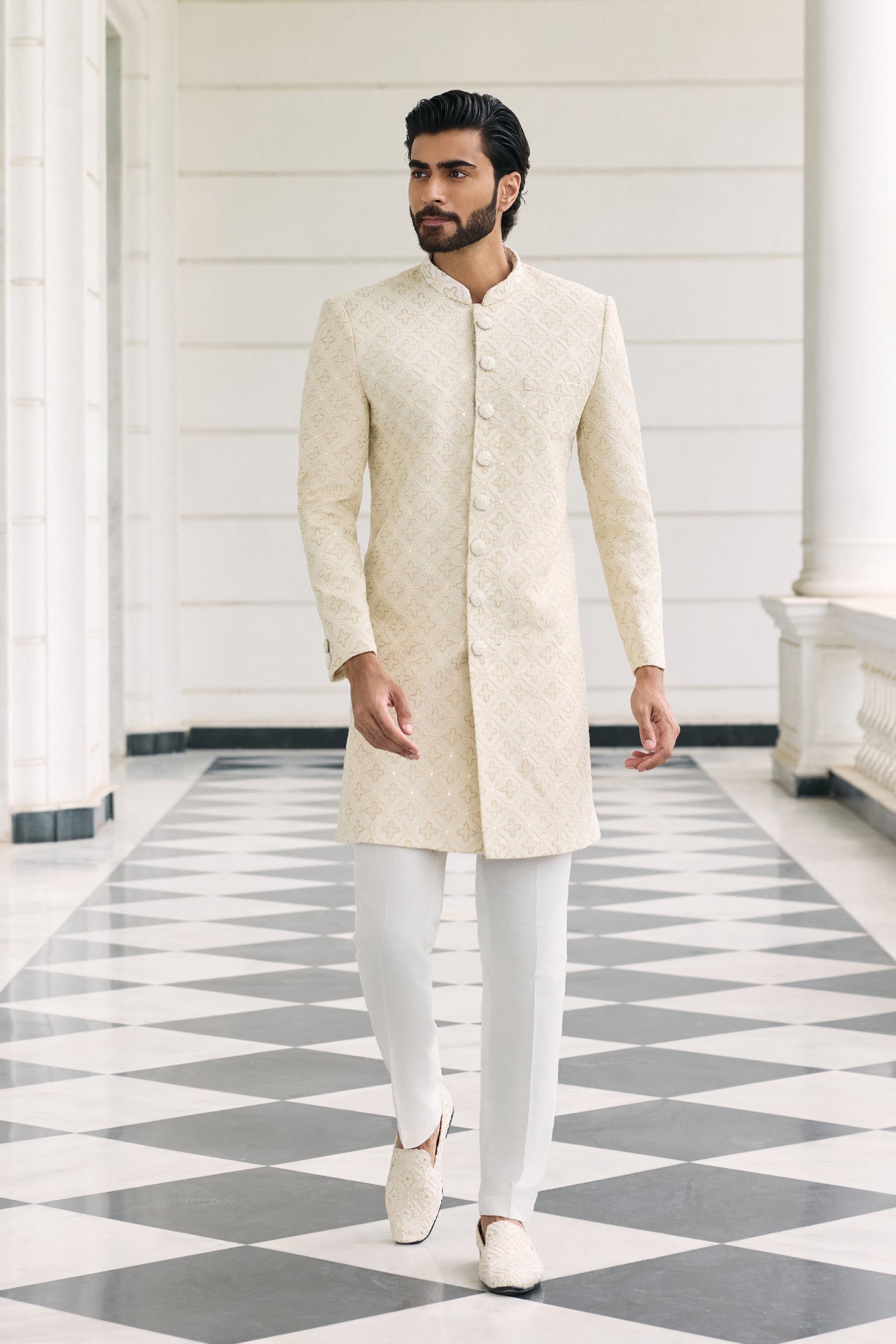 Jal Sherwani Set in Ivory Lucknowi