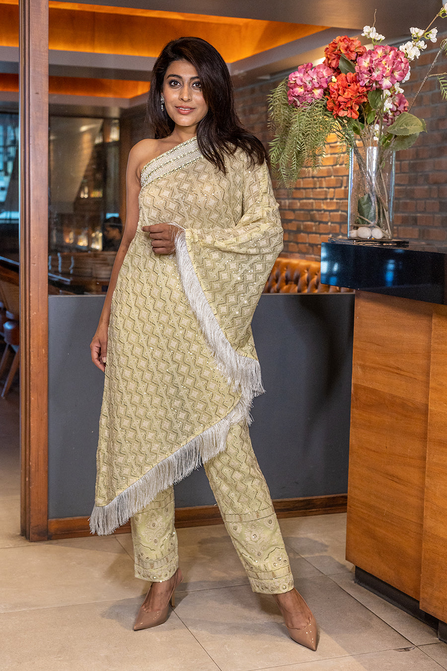 Pearl and Mirror embellished One Shoulder Tunic set in Lemon