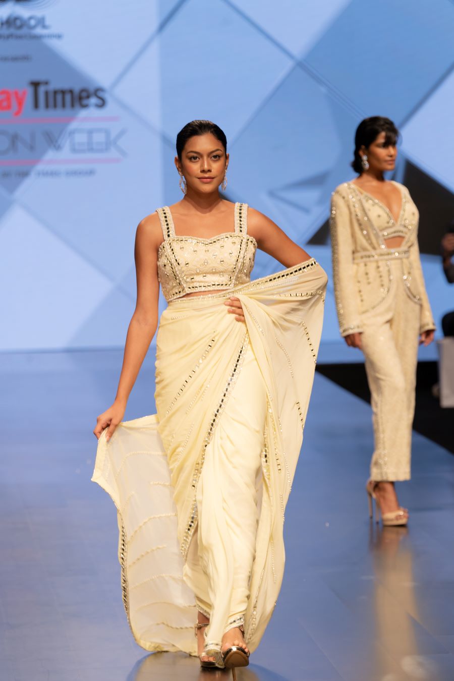 Lemon Pearl and Mirror Bustier Top and Saree with Mirrors