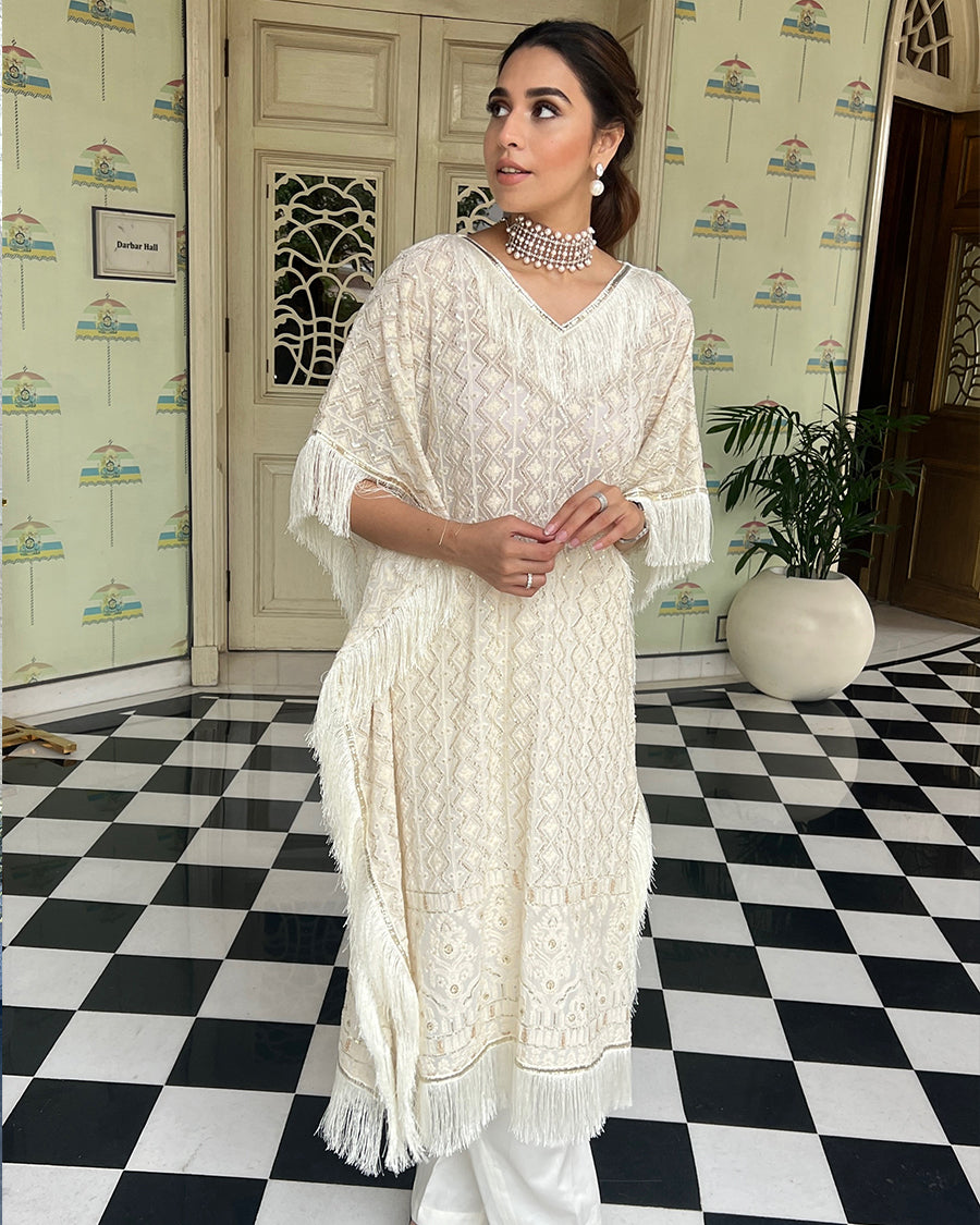 Lucknowi Kaftan in Ivory with Tassels (Long)