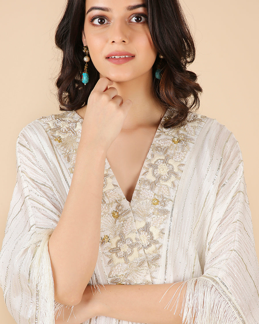 Gota Kaftan in Ivory with Overlap Hand-Embroidered Neckline (Long 3 piece set)