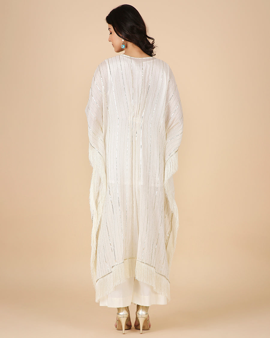Gota Kaftan in Ivory with Overlap Hand-Embroidered Neckline (Long 3 piece set)