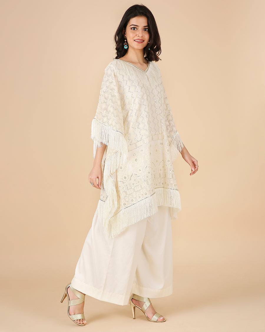 Lucknowi Kaftan in Ivory with Tassels (Short)