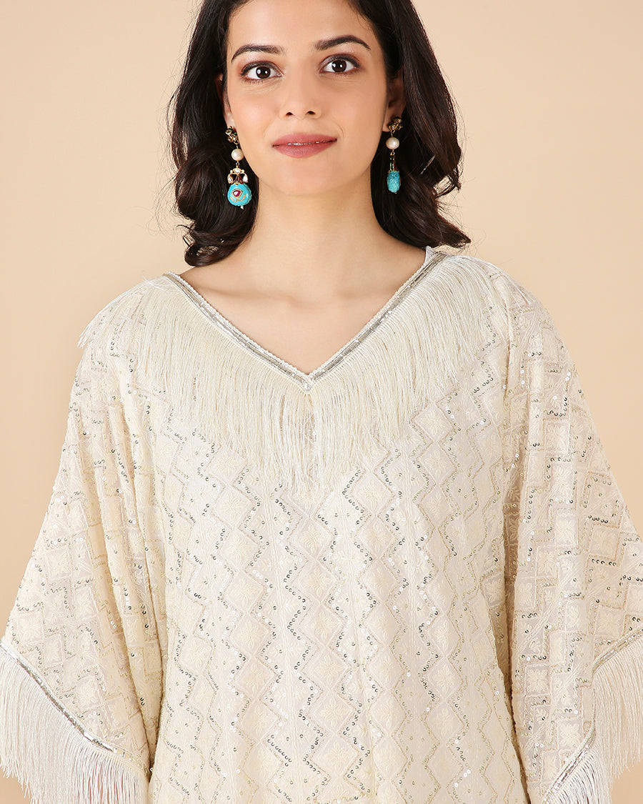 Lucknowi Kaftan in Ivory with Tassels (Short)