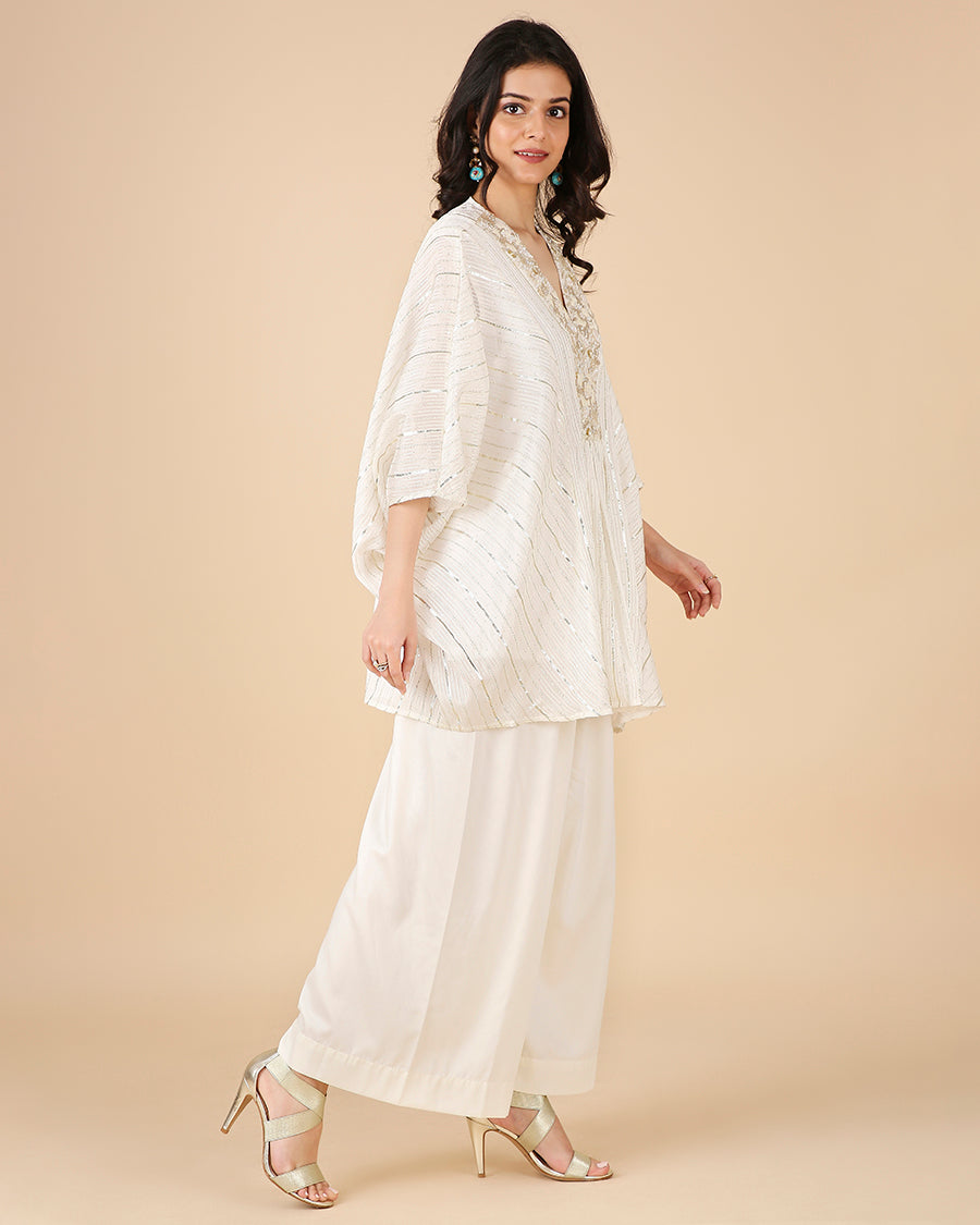 Gota Kaftan in Ivory with Overlap Hand-Embroidered Neckline (Short 3 piece set)