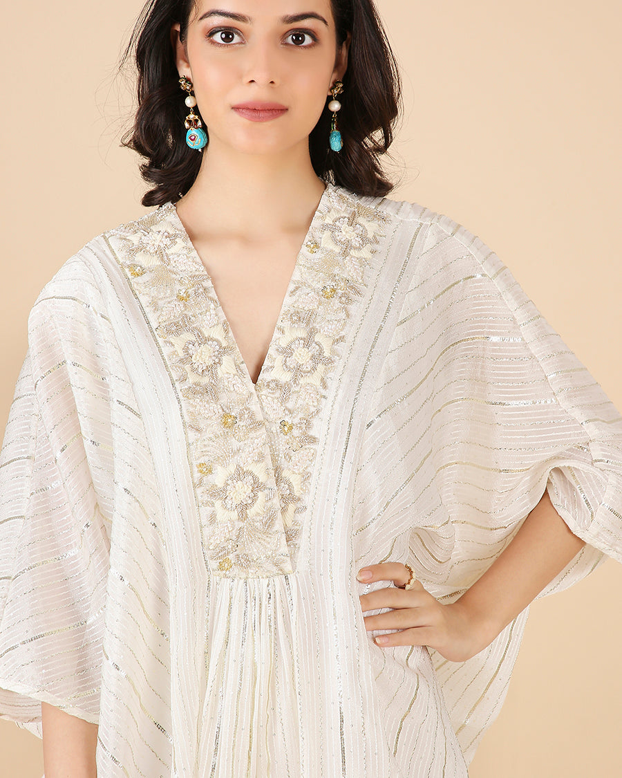 Gota Kaftan in Ivory with Overlap Hand-Embroidered Neckline (Short 3 piece set)