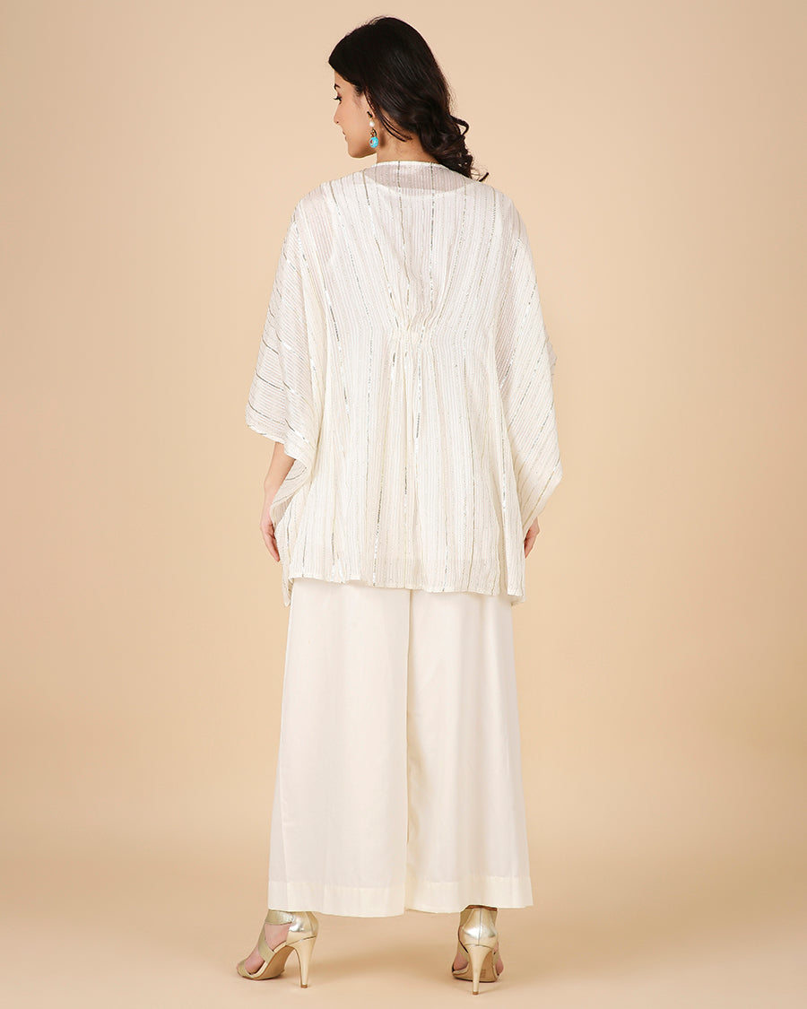 Gota Kaftan in Ivory with Overlap Hand-Embroidered Neckline (Short 3 piece set)