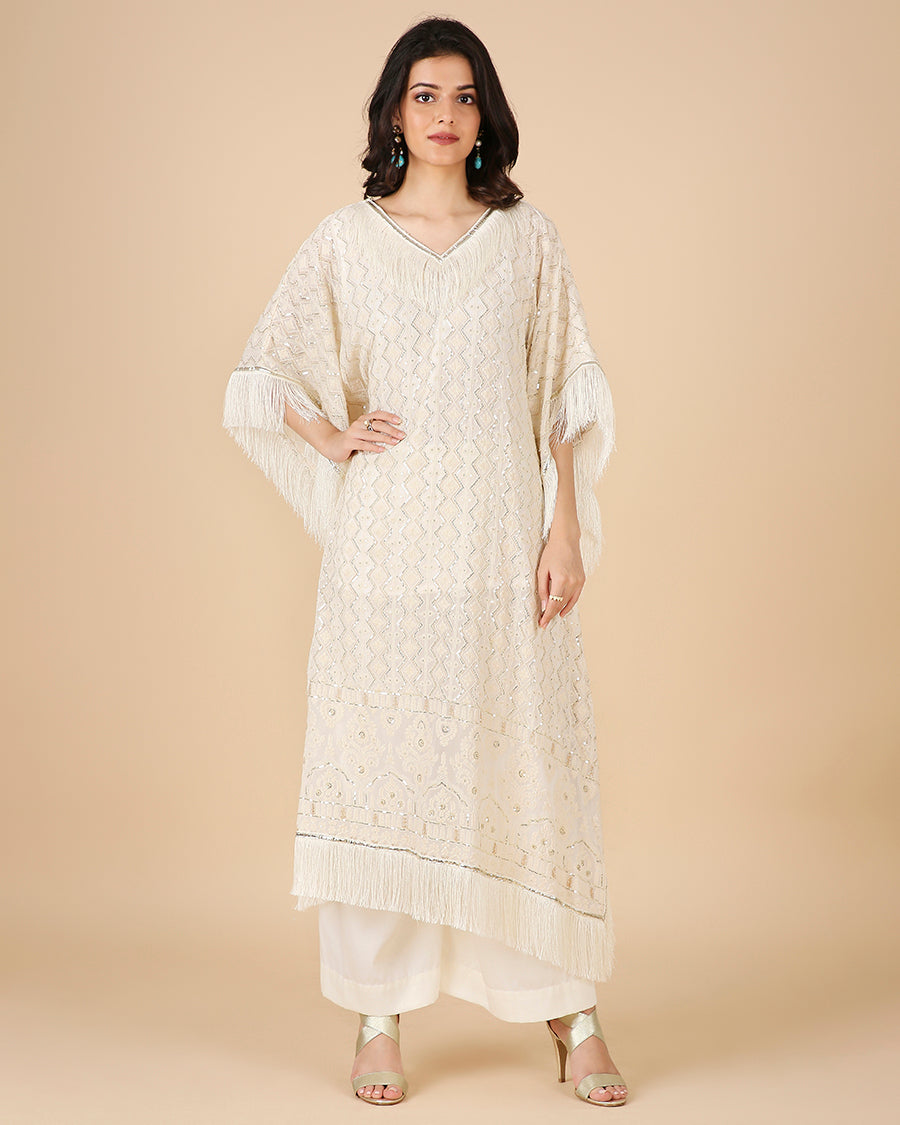 Lucknowi Kaftan in Ivory with Tassels (Long)