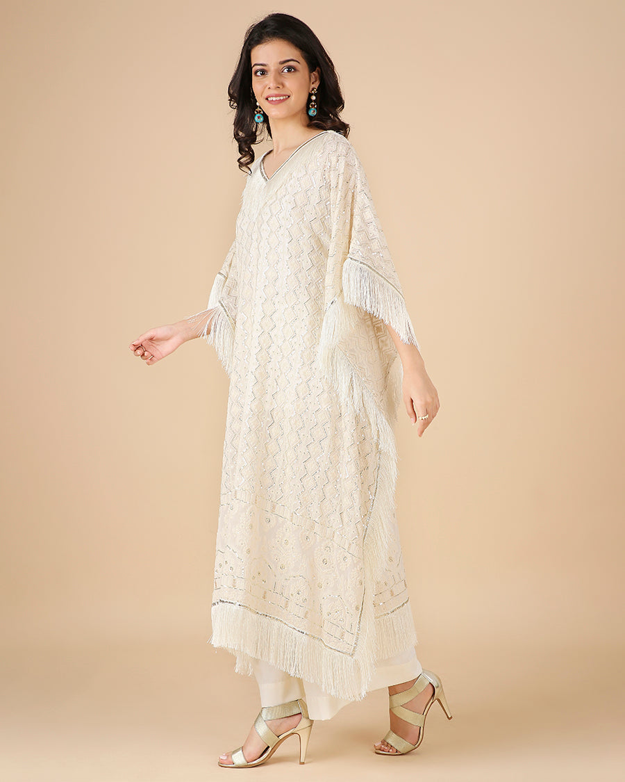 Lucknowi Kaftan in Ivory with Tassels (Long)
