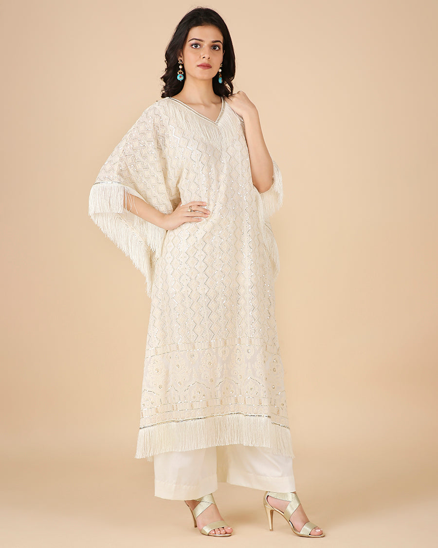 Lucknowi Kaftan in Ivory with Tassels (Long)