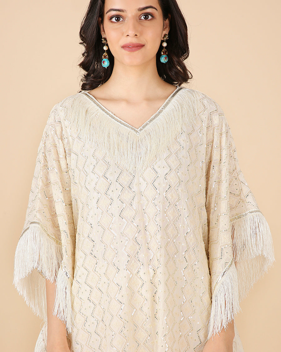 Lucknowi Kaftan in Ivory with Tassels (Long)