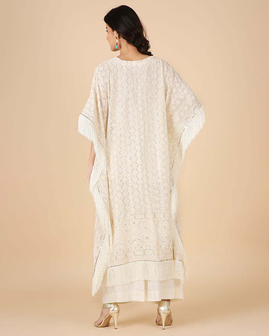 Lucknowi Kaftan in Ivory with Tassels (Long)