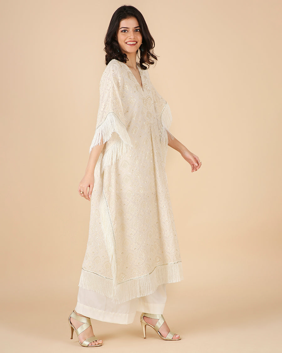 Lucknowi Kaftan in Ivory with Hand Embroidered Overlap Beadwork