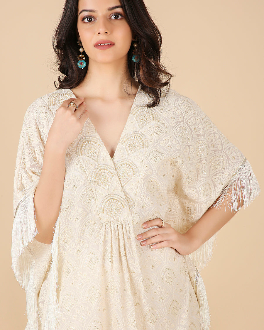Lucknowi Kaftan in Ivory with Hand Embroidered Overlap Beadwork