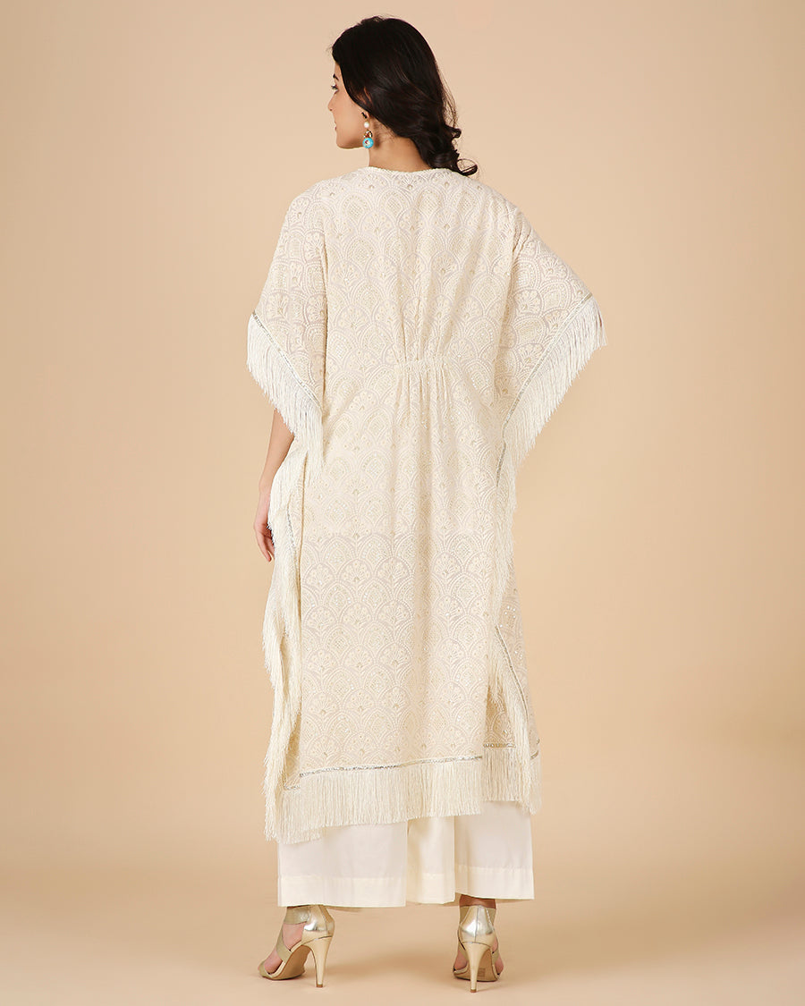 Lucknowi Kaftan in Ivory with Hand Embroidered Overlap Beadwork