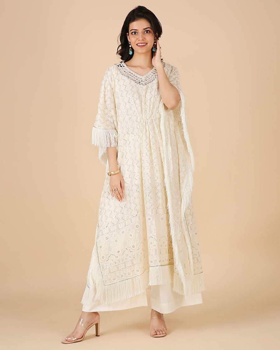 Lucknowi Kaftan in Ivory with Hand Embroidered Abla work