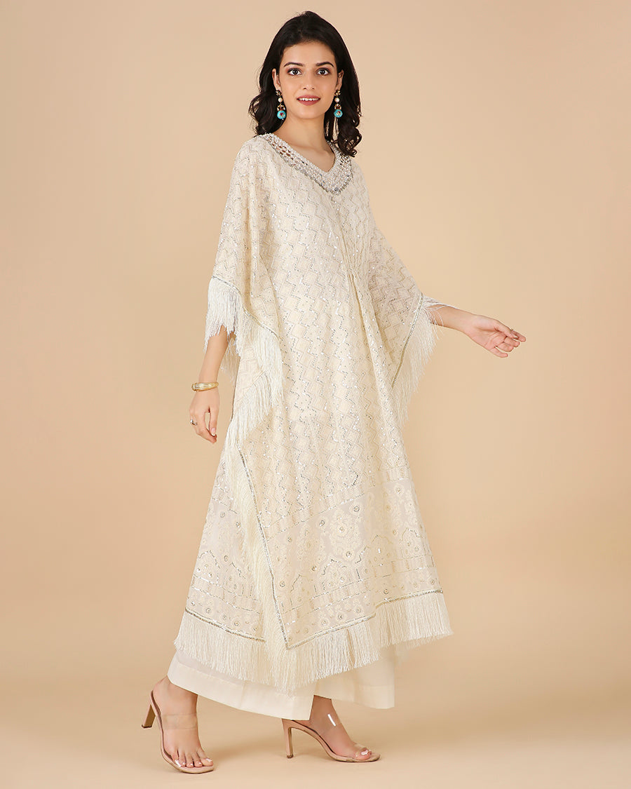 Lucknowi Kaftan in Ivory with Hand Embroidered Abla work