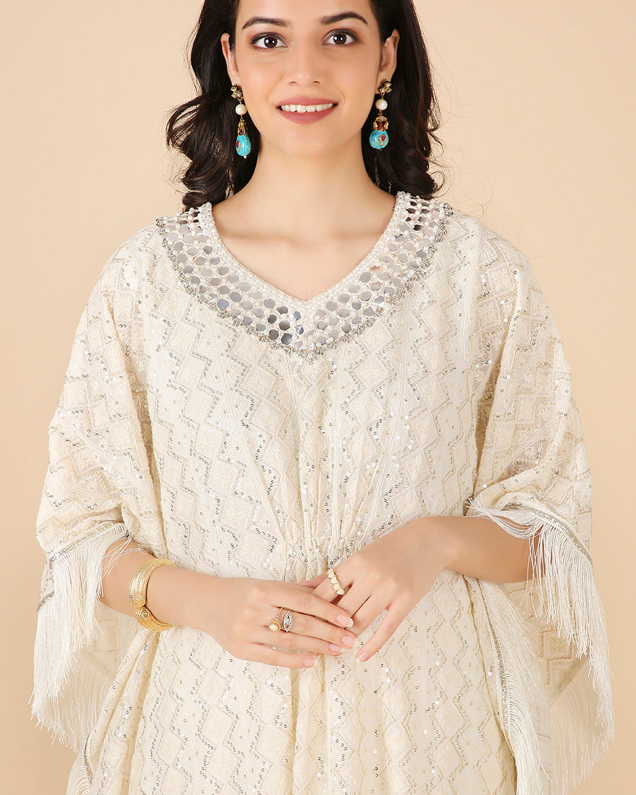 Lucknowi Kaftan in Ivory with Hand Embroidered Abla work