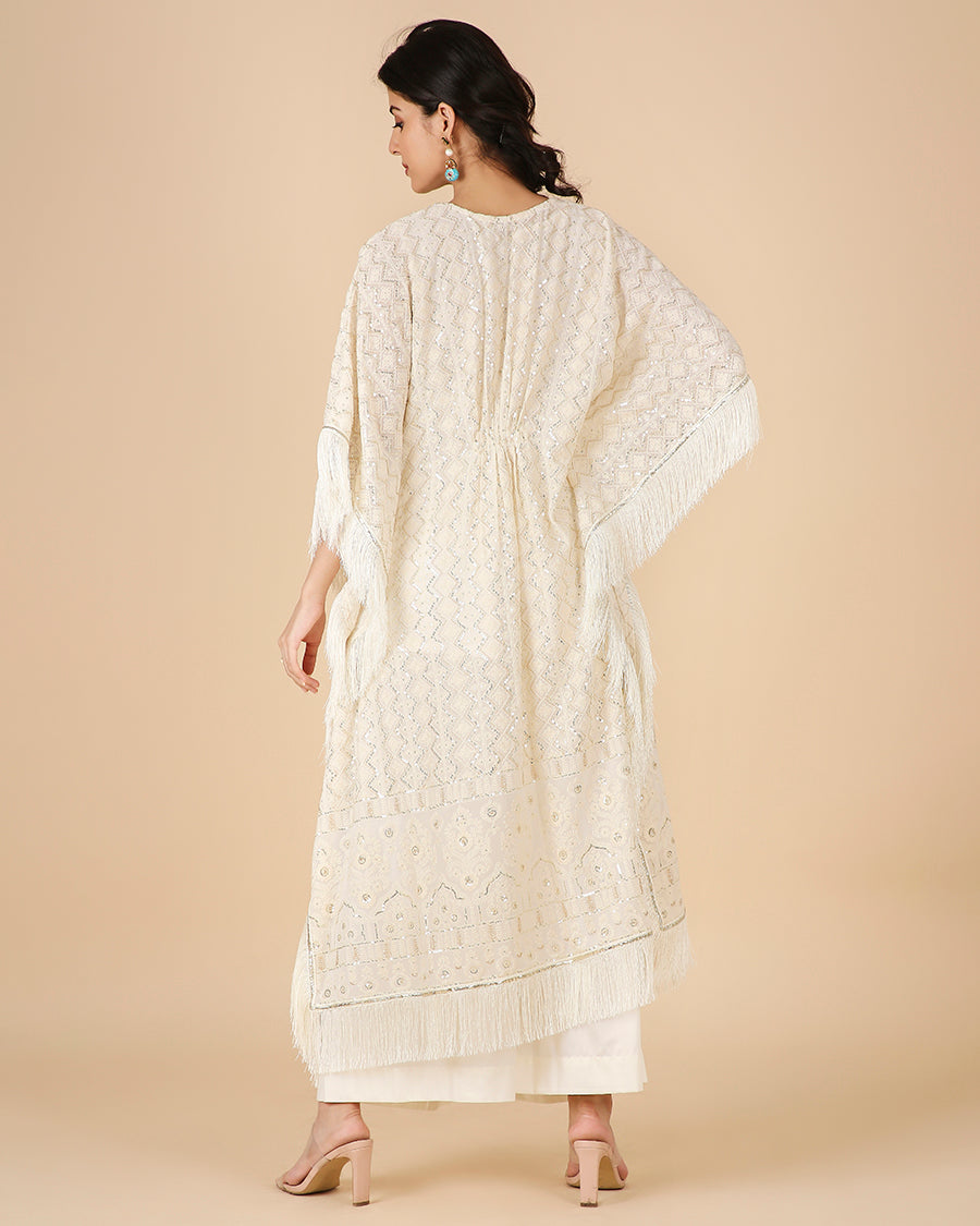 Lucknowi Kaftan in Ivory with Hand Embroidered Abla work