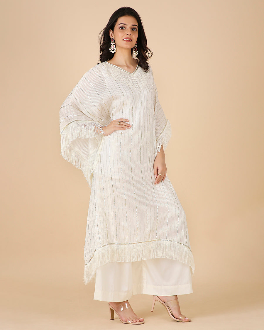 Gota Kaftan in Ivory with Tassels (Long)