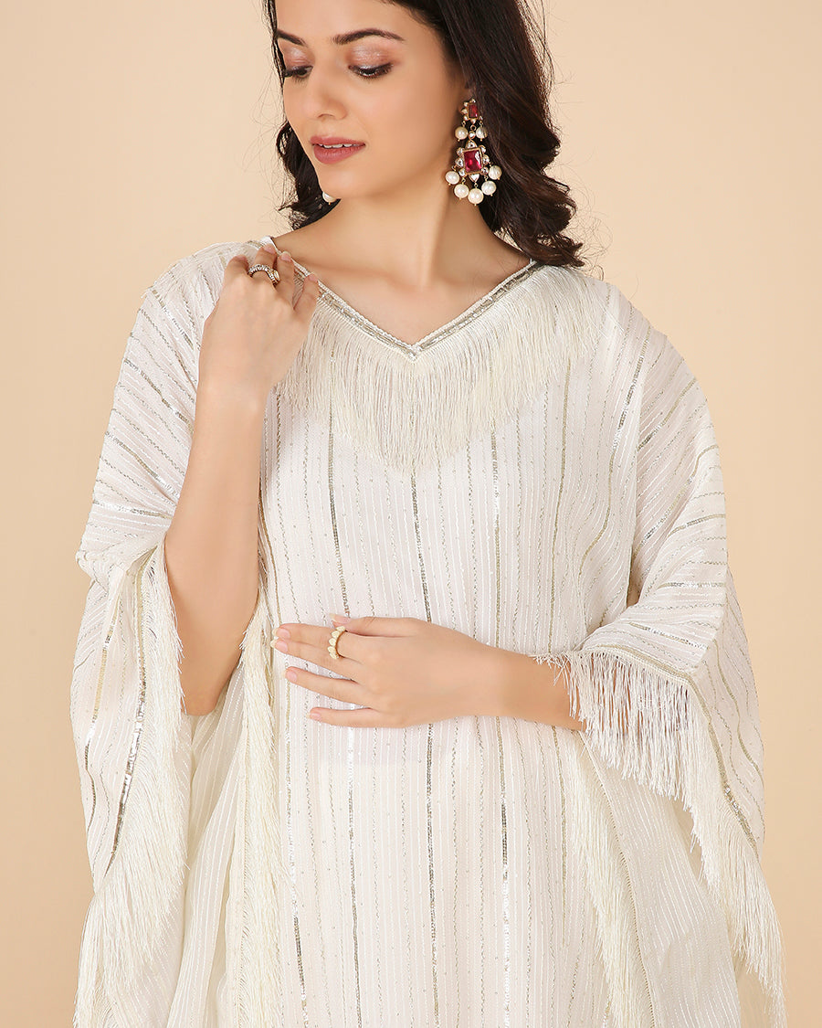Gota Kaftan in Ivory with Tassels (Long)
