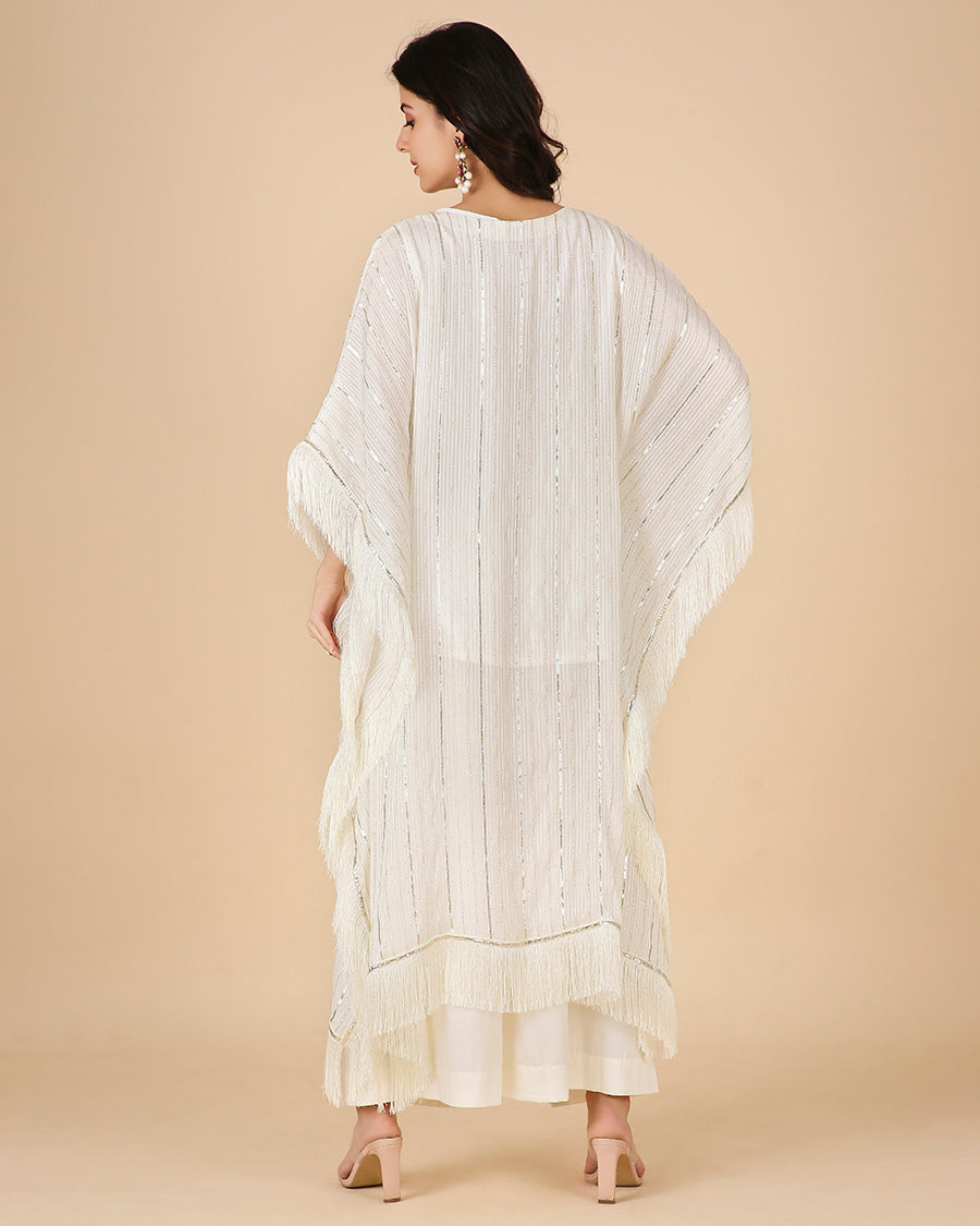 Gota Kaftan in Ivory with Tassels (Long)