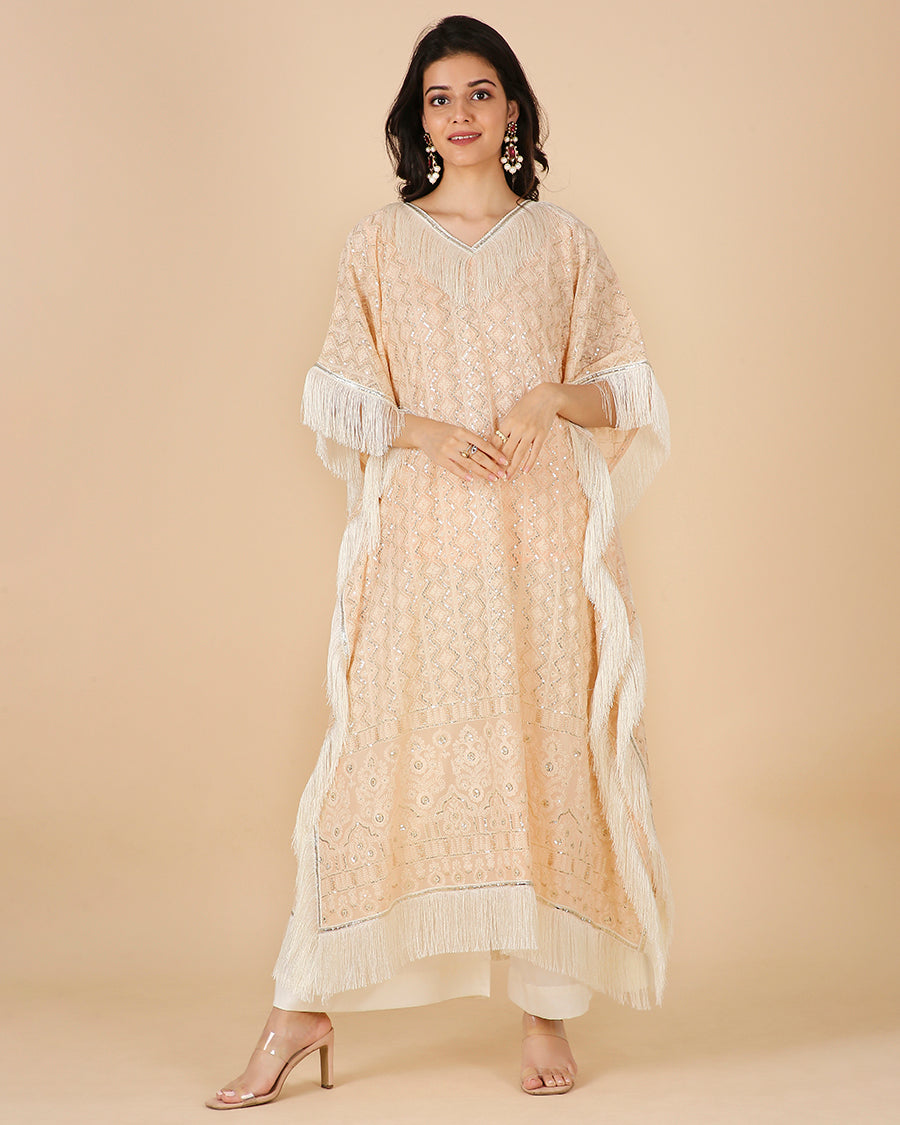 Lucknowi Kaftan in Peach with Tassels (Long)