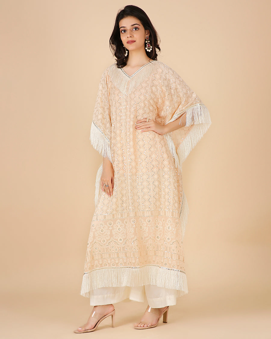 Lucknowi Kaftan in Peach with Tassels (Long)