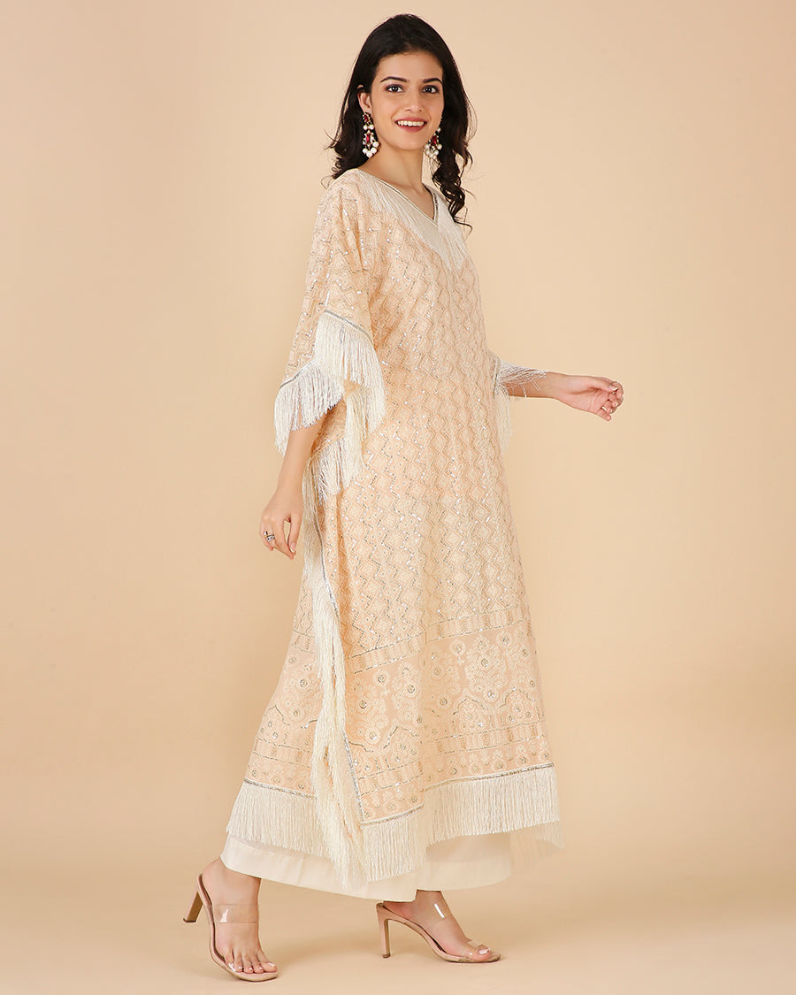 Lucknowi Kaftan in Peach with Tassels (Long)