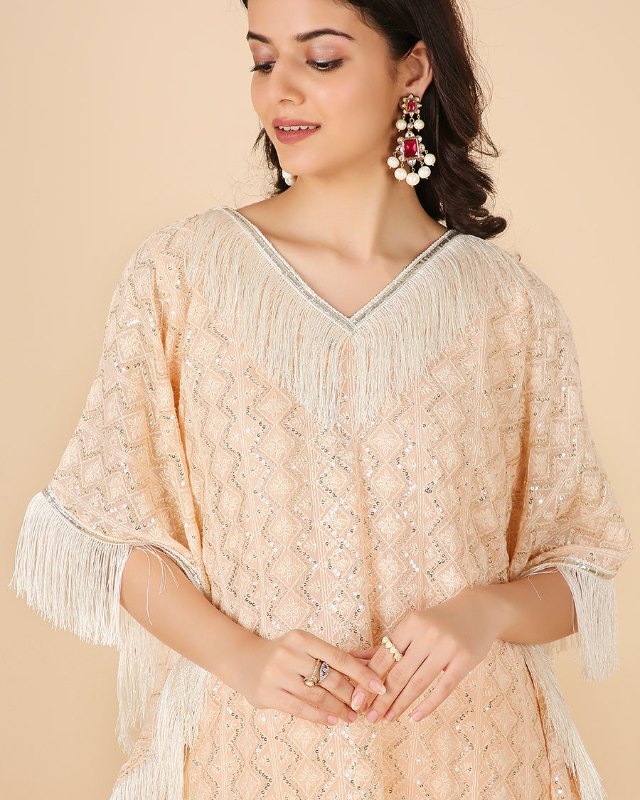Lucknowi Kaftan in Peach with Tassels (Long)
