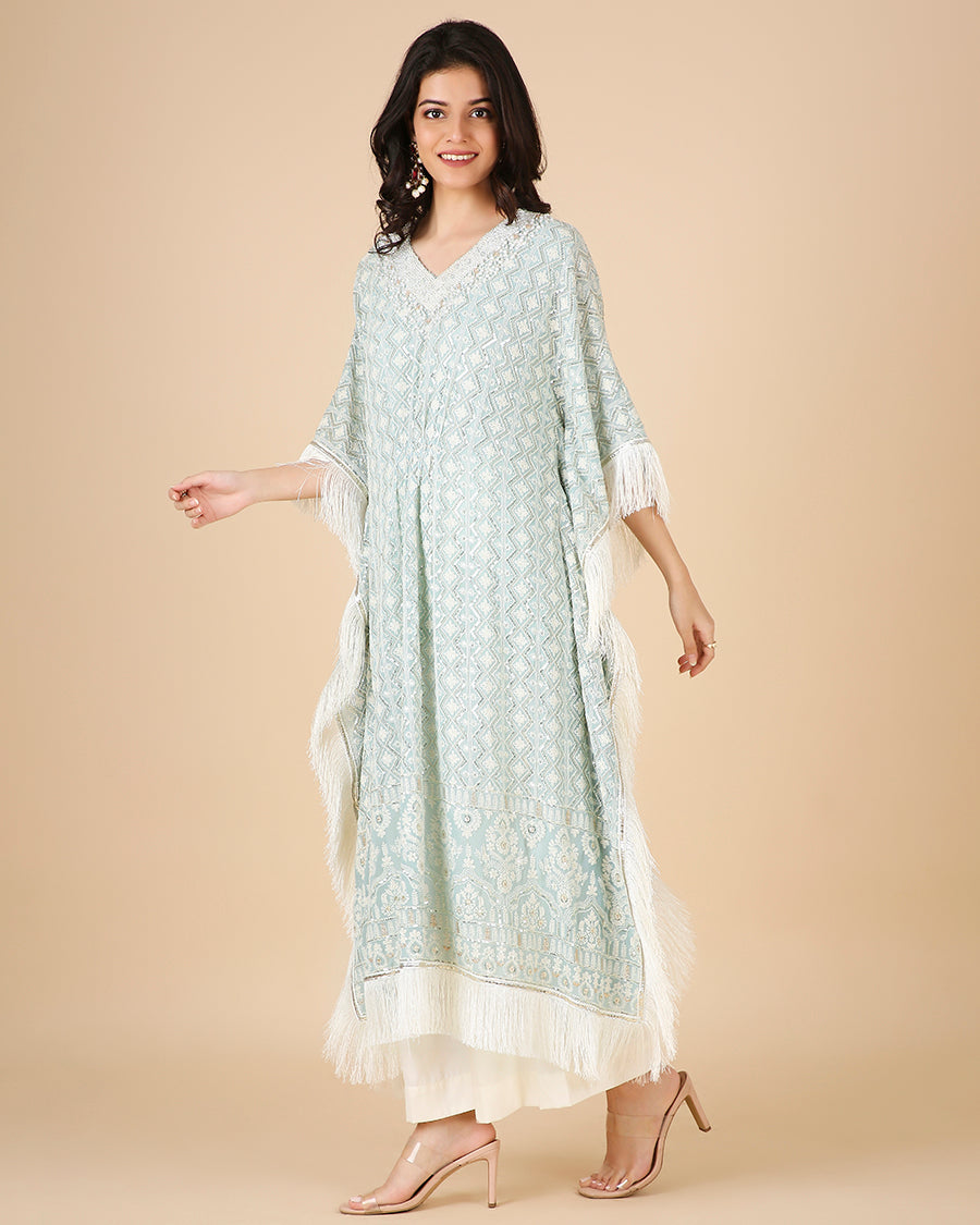 Lucknowi Kaftan in Cornflower with Hand Embroidered Pearl work